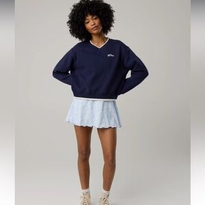 OFFLINE By Aerie Navy Blue Cloud Fleece V-Neck Logo Crew Sweatshirt